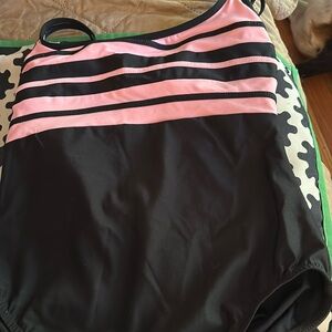 Miraclesuit Women's Black Pink Stripe Spaghetti Strap One Piece Swimsuit Size 14